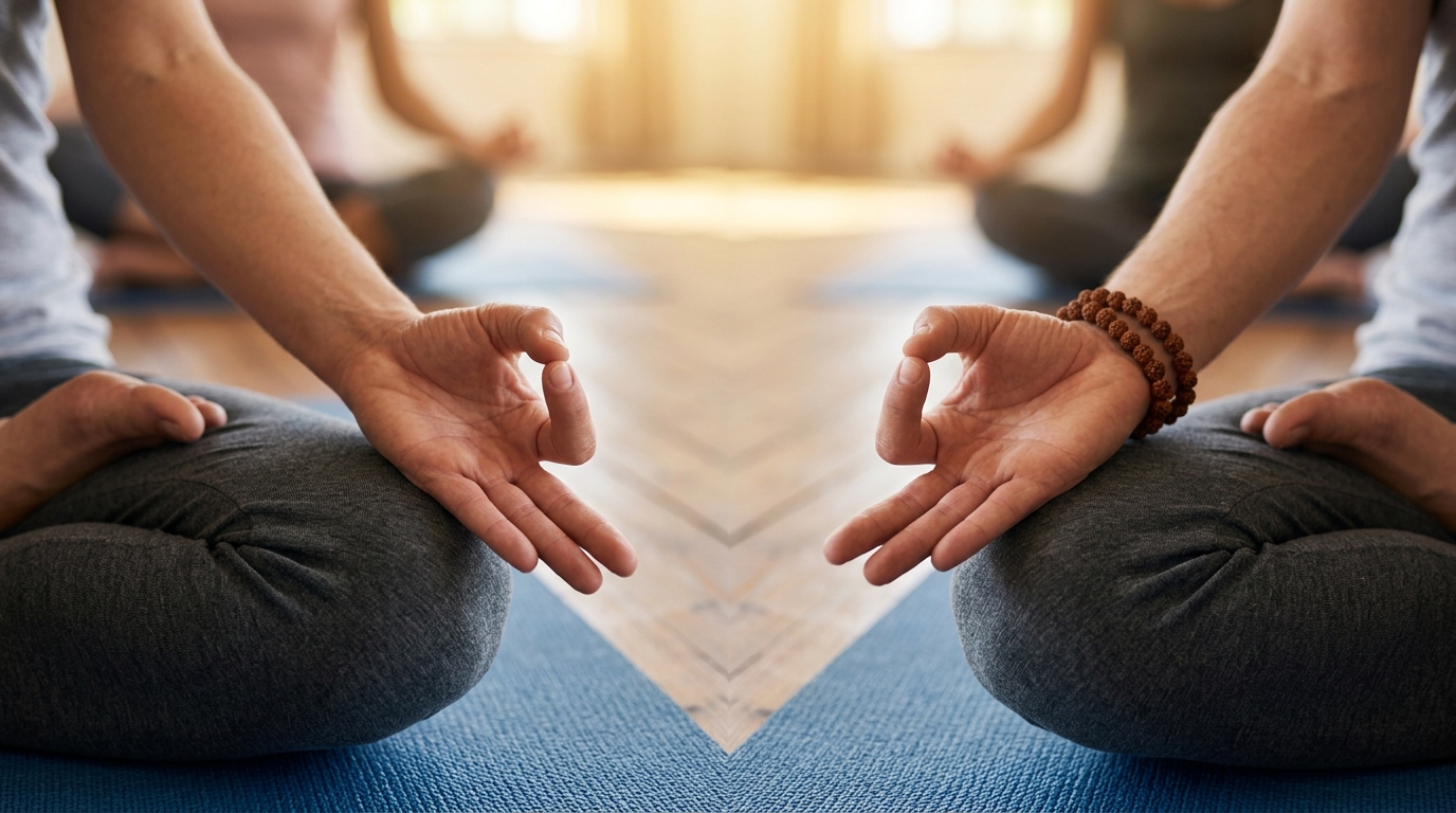 Detalhe de mãos em posição de meditação sobre os joelhos durante uma sessão de yoga