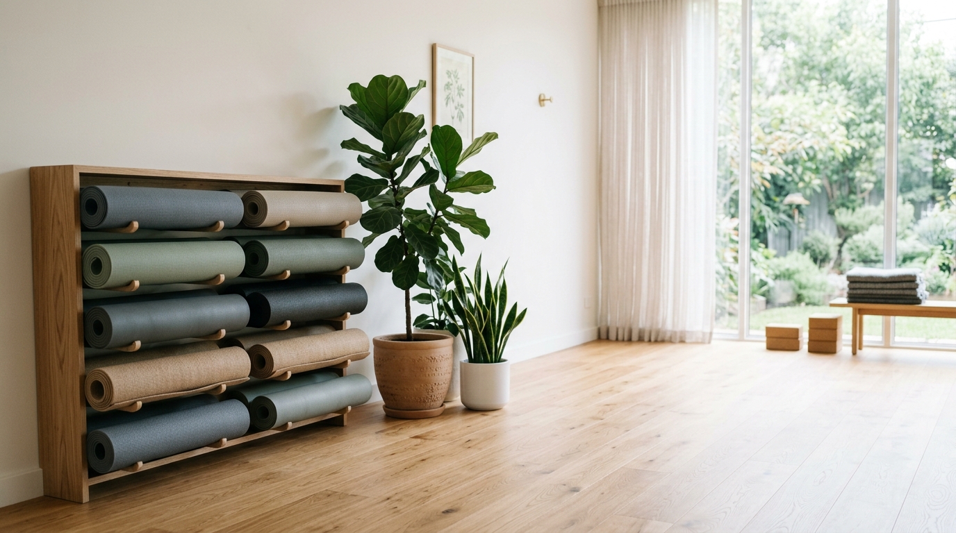 Tapetes de yoga arrumados num estúdio minimalista com luz natural