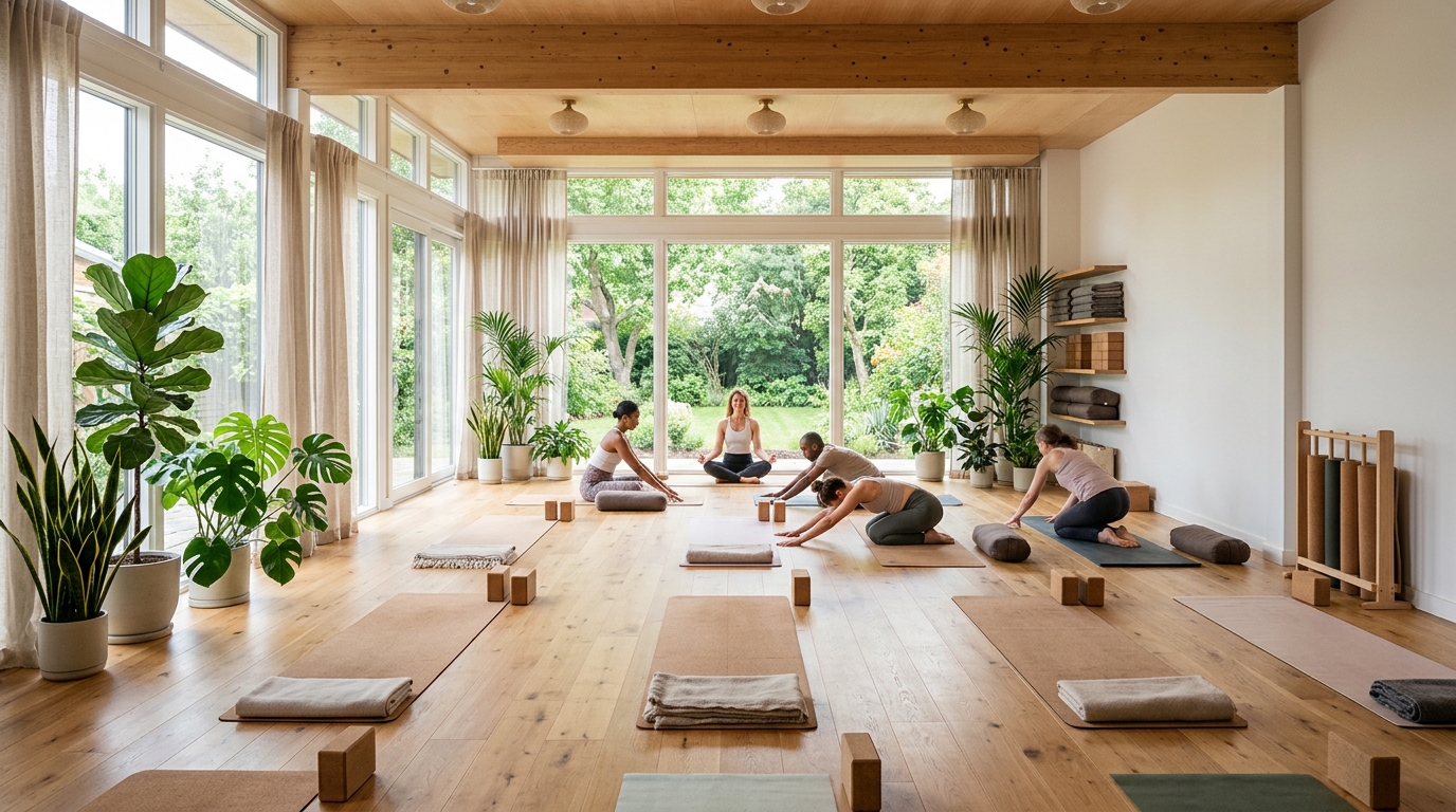 Estúdio de yoga minimalista com plantas e luz natural suave
